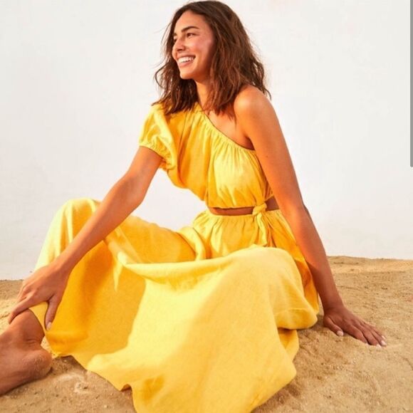 FARM Rio One-Shoulder Open-Waist Midi Dress FARM Rio Yellow Open Waist Dress - Picture 1 of 11